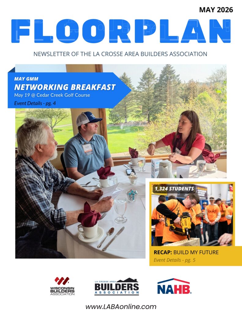 Cover of LABA's May 2026 Newsletter. Main picture showing an image of LABA members networking around a breakfast dining table at Cedar Creek Golf Course, where the next member meeting will take place.